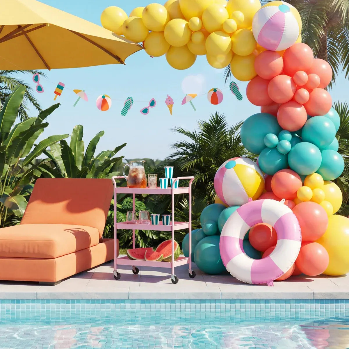 A Pool Party setup by the water with bright balloons and a beach ball