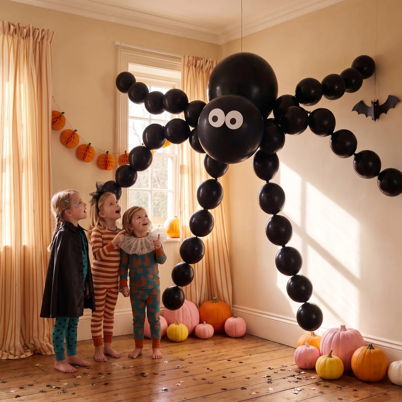 Three kids looking up at a 5 ft black balloon spider hanging in a sunny living room