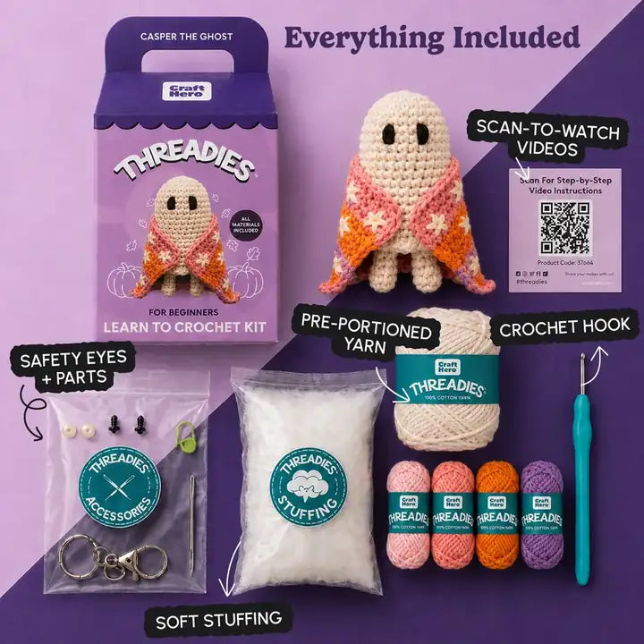 Craft Hero Threadies - Crochet Learning Kit - Casper the Ghost
