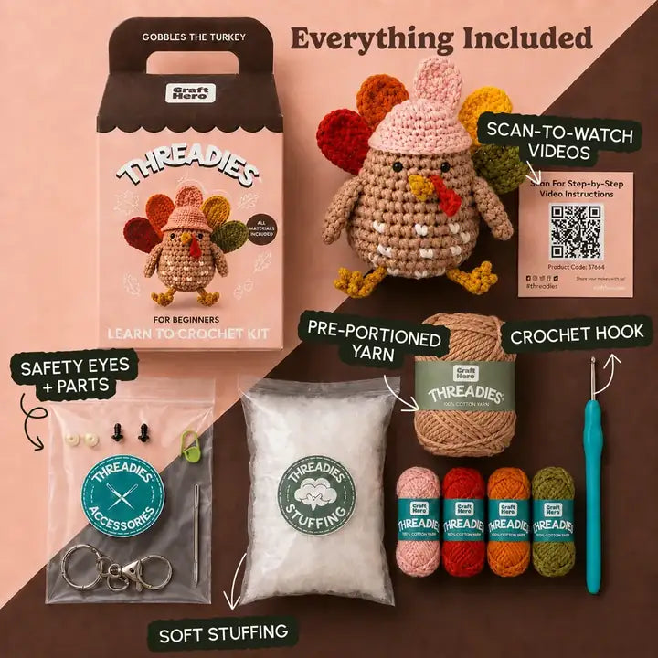 Craft Hero Threadies - Crochet Learning Kit - Gobbles the Turkey