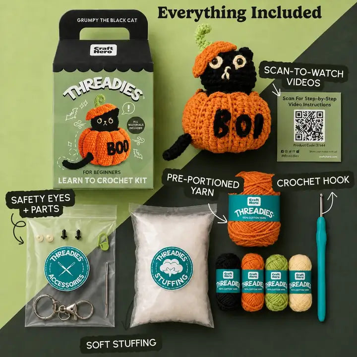 Craft Hero Threadies - Crochet Learning Kit - Grumpy the Black Cat