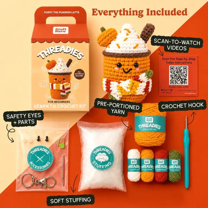 Craft Hero Threadies - Crochet Learning Kit - Poppy the Pumpkin Latte