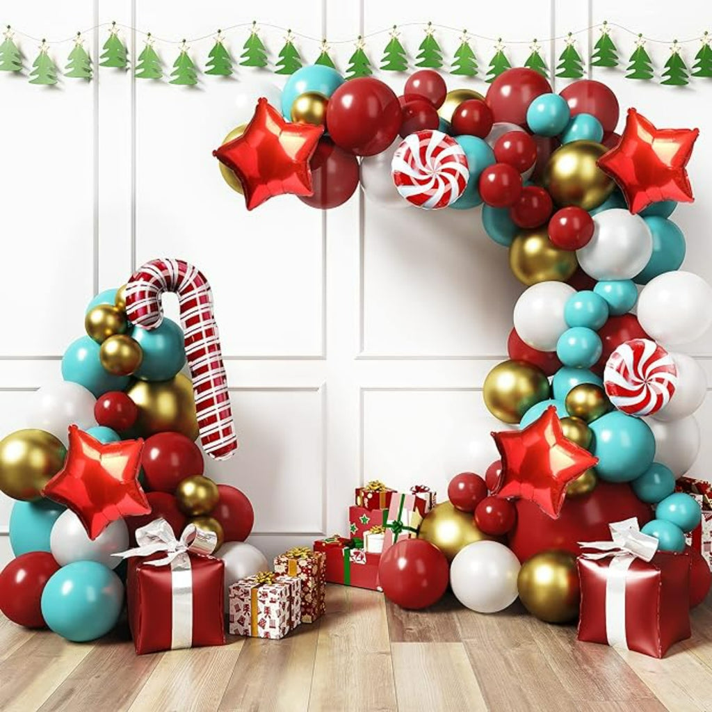Red & Teal Christmas balloon arch