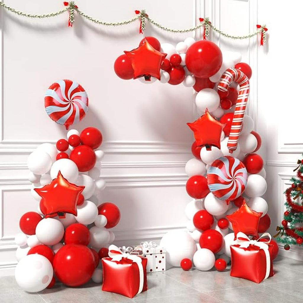 Red & White Christmas balloon arch