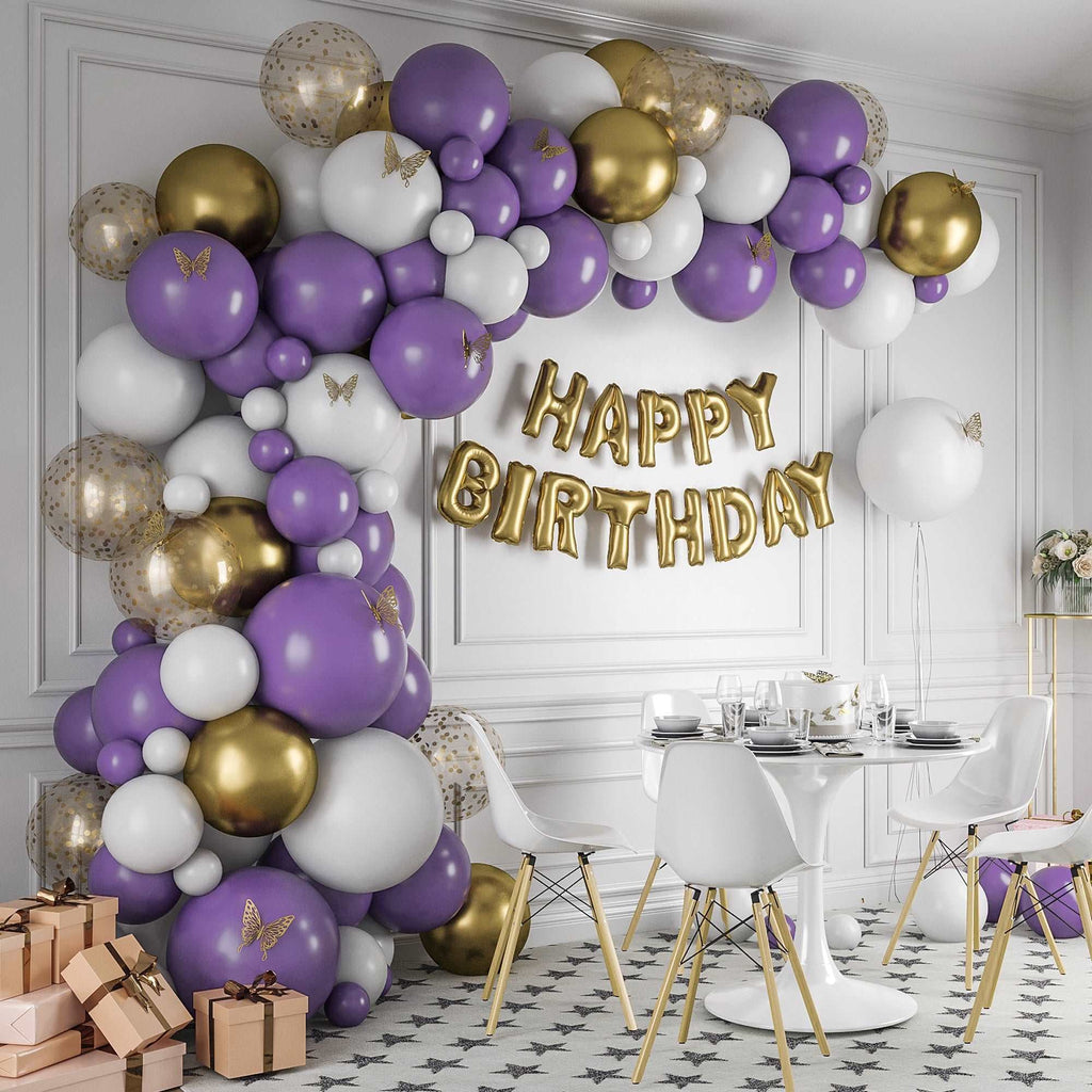 Gold, White, Purple Balloon Garland 