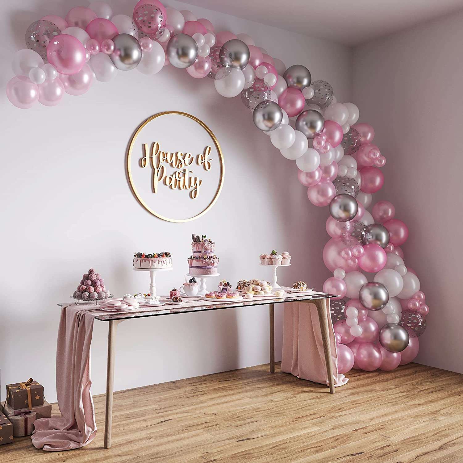 Pearl Pink White u0026 Silver Balloon Garland Kit 158 Pcs | Birthday Party Decorations | House of Party pink and white balloon arch