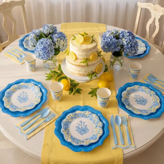 Cottage Bloom blue floral plates and sunny yellow table details