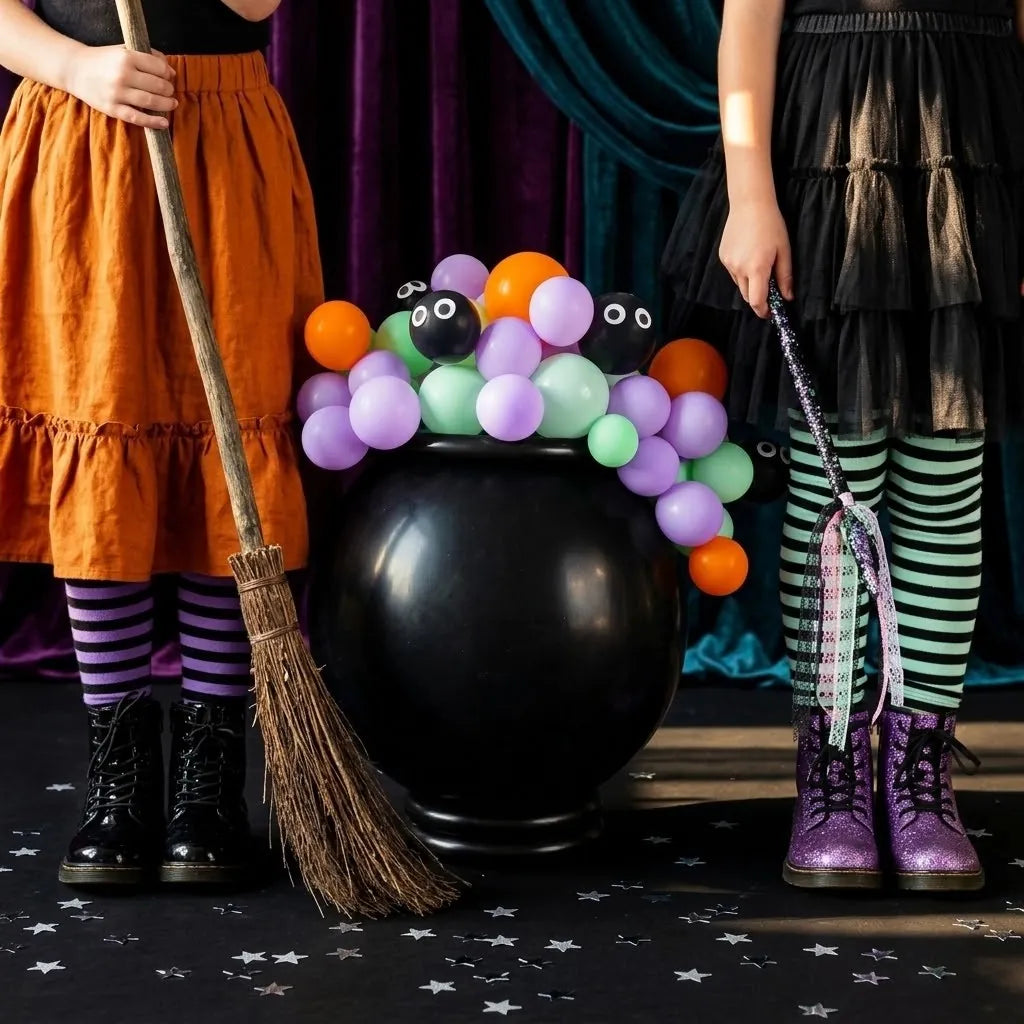Two kids in witch costumes beside a 3 ft balloon cauldron bubbling with purple, green and orange balloons