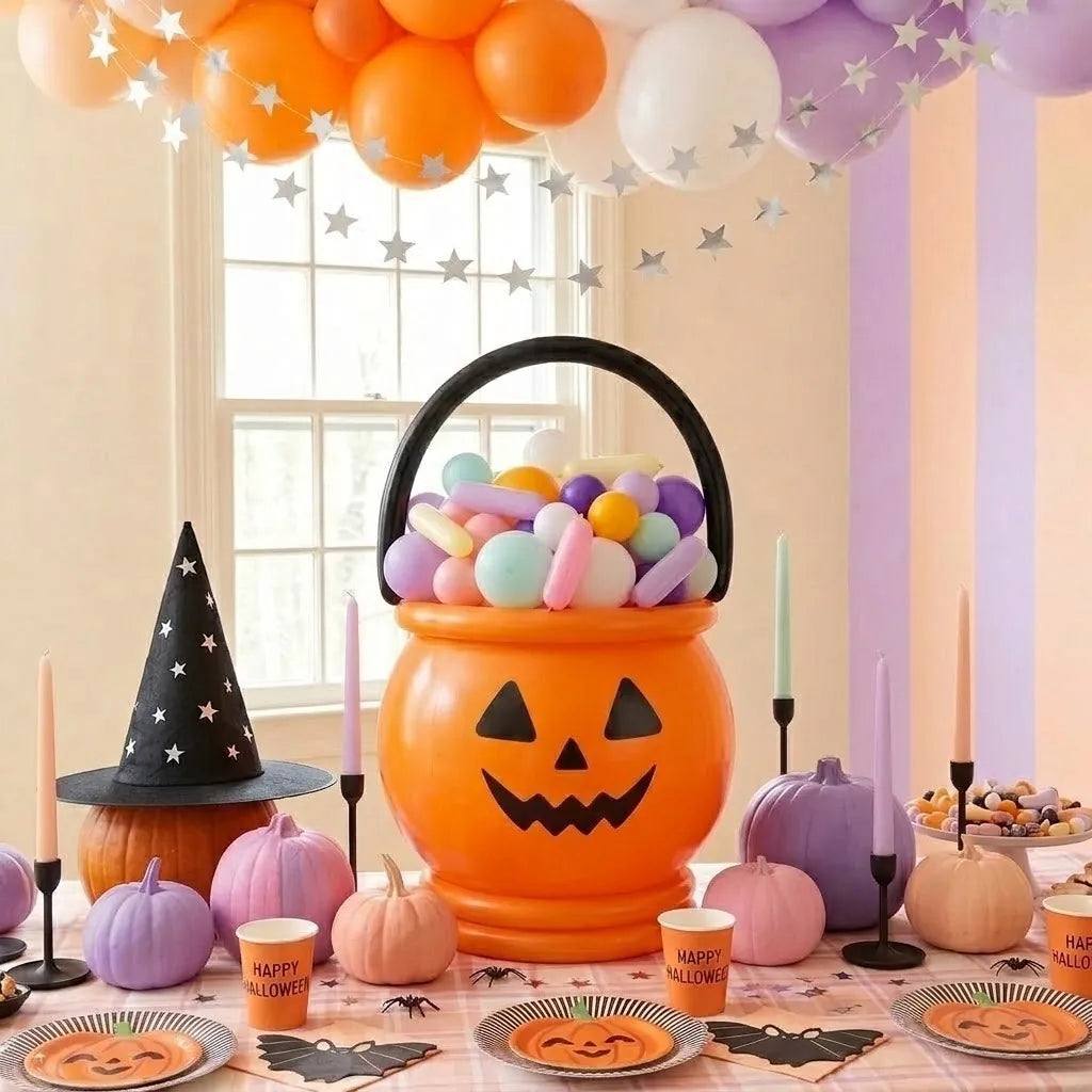 A 3 ft balloon pumpkin basket full of pastel balloon candy on a Halloween party table