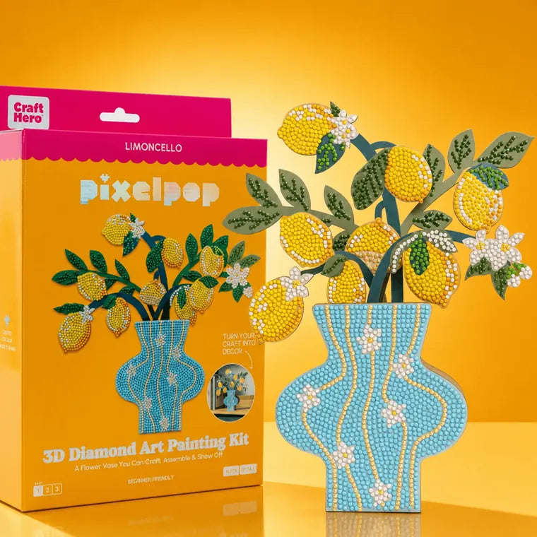 A PixelPop diamond art kit with a sparkly lemon vase
